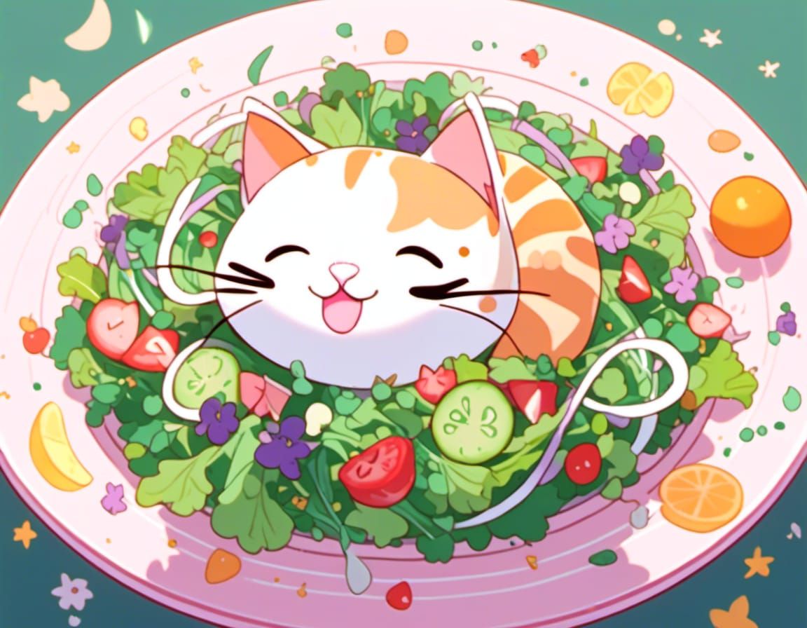 cartoon cat in healthy salad