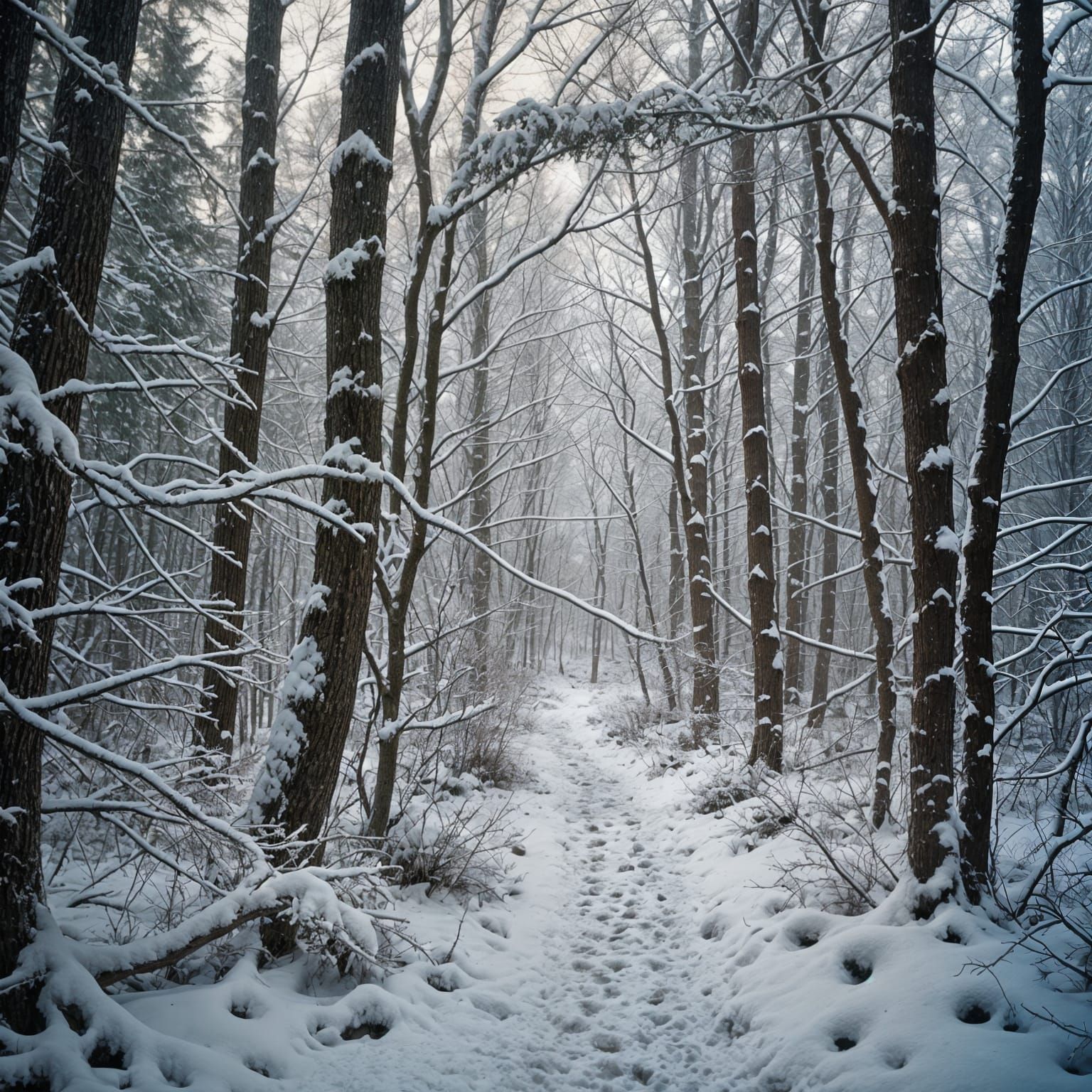 Winter Wonderland: Snow-Laden Branches in Quiet Forest