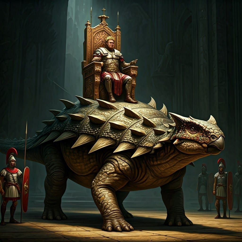 Armored Ankylosaurus Carries Emperor on Throne