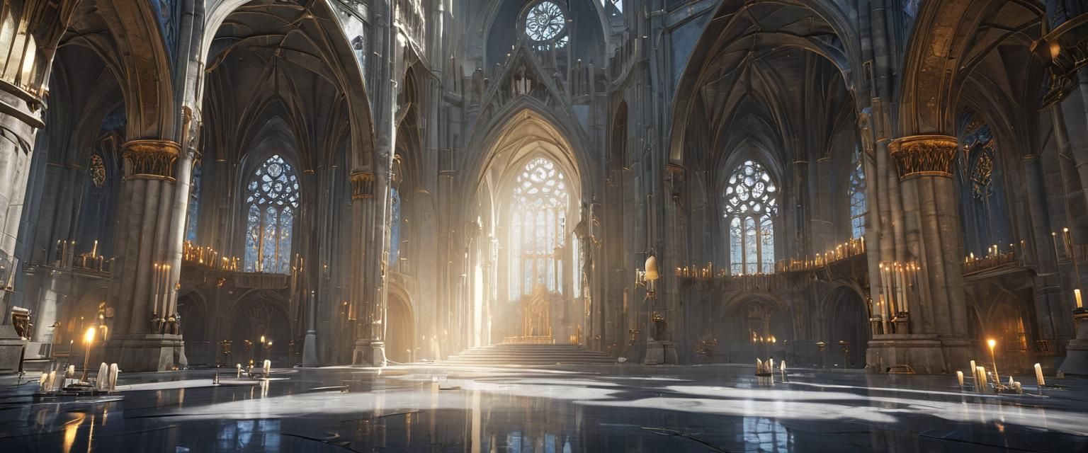 Futuristic Gothic Cathedral Concept Art in Dark, Moody Light...