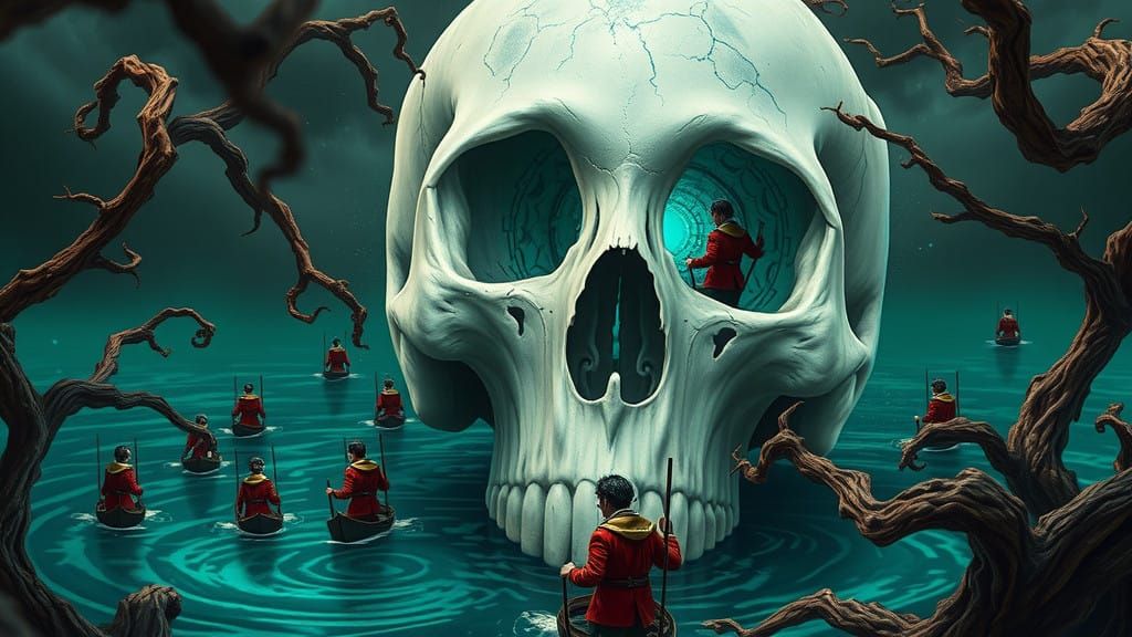 Surrealist Scene of a Submerged Skull and Iridescent Boats