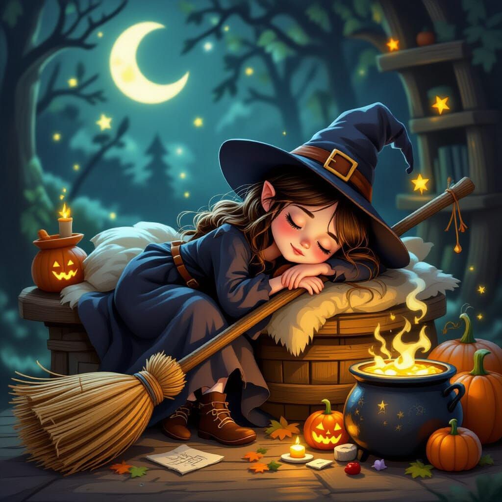 Cute Witch Napping as Enchanted Household Objects Work