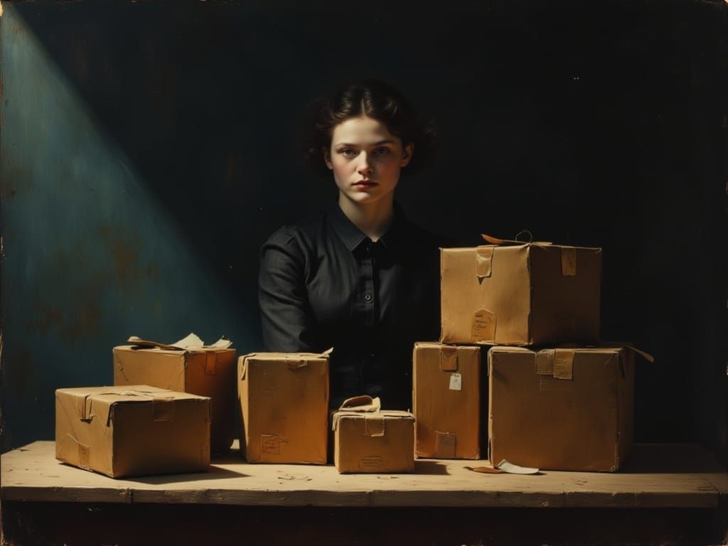 Intense Still Life: Person Stares at Boxes in Dark Room