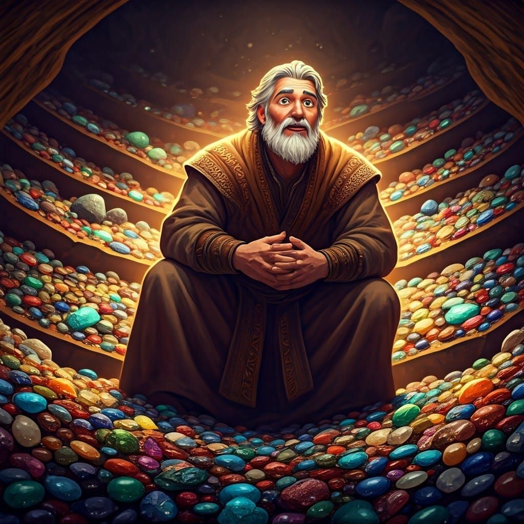 Surreal Fantasy Figure Surrounded by Vibrant Gemstones in Ea...