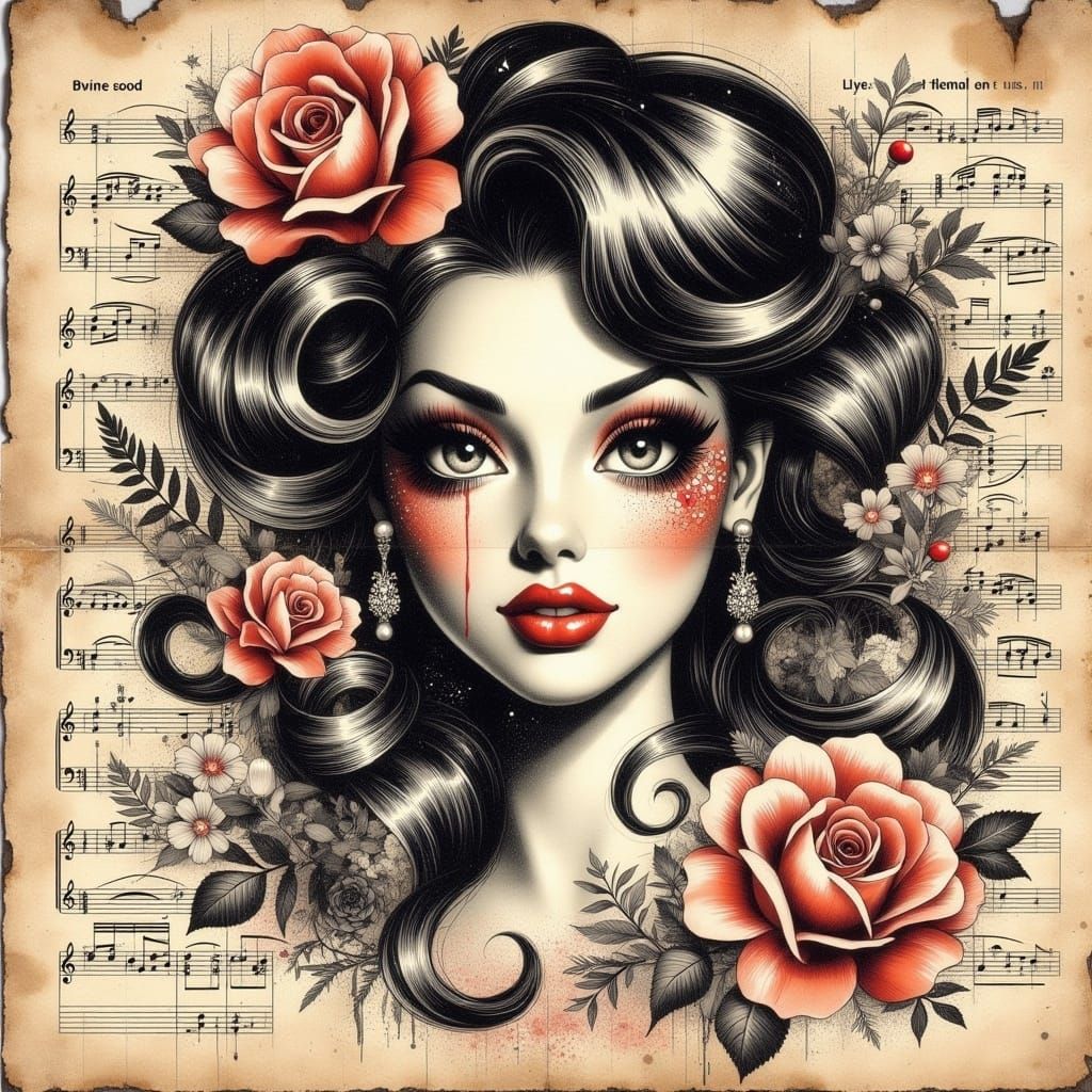 Curvy Woman Portrait on Papyrus with Music Score