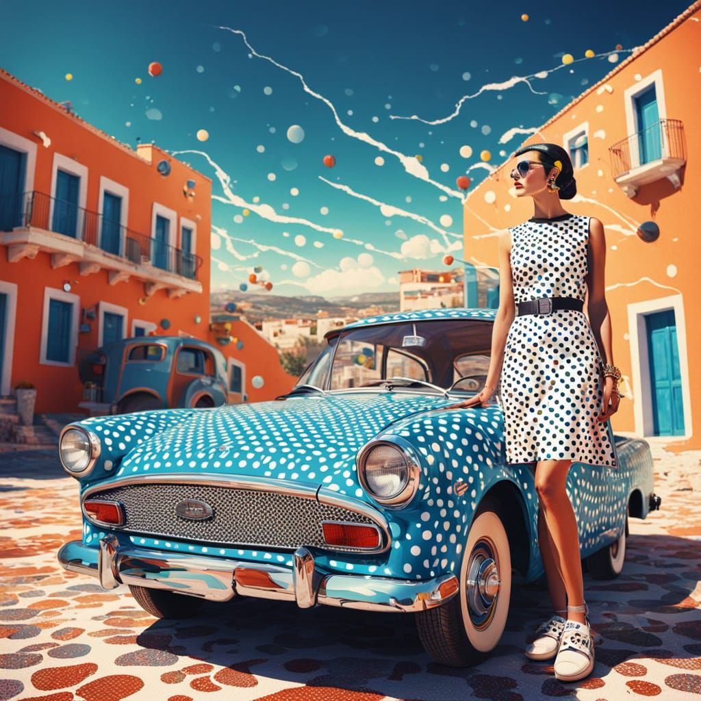 Polka Dot Car and Lightning Outfit in Surreal Style