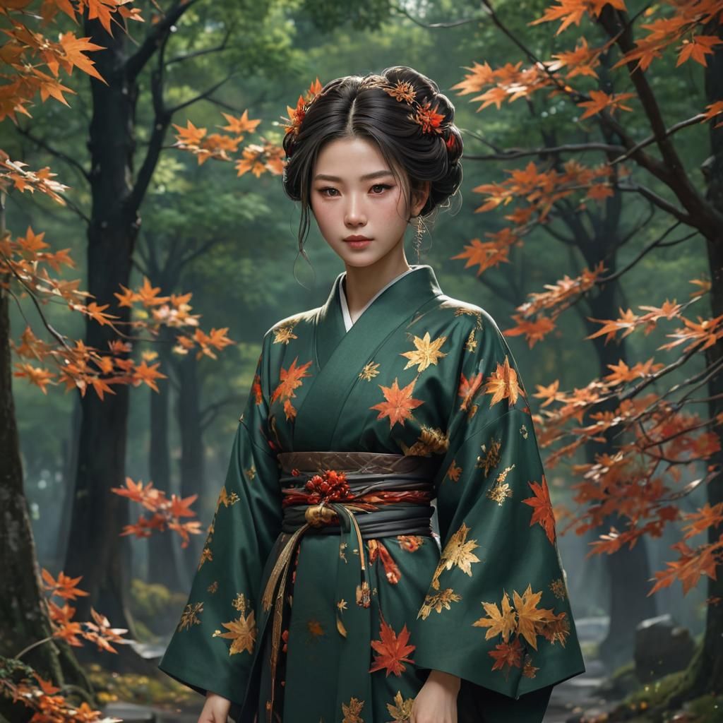 Japanese Princess in Autumn Kimono, Detailed Matte Painting