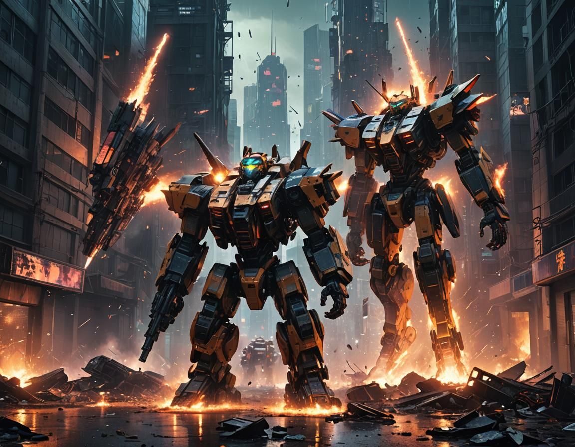 Mechs Clash in Ruined City: Neon Cyberpunk Art