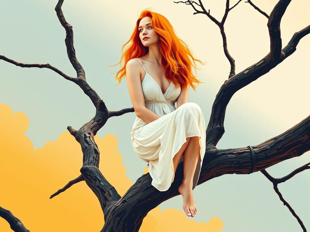 Vibrant Pop Art Portrait of a Woman in a Tree