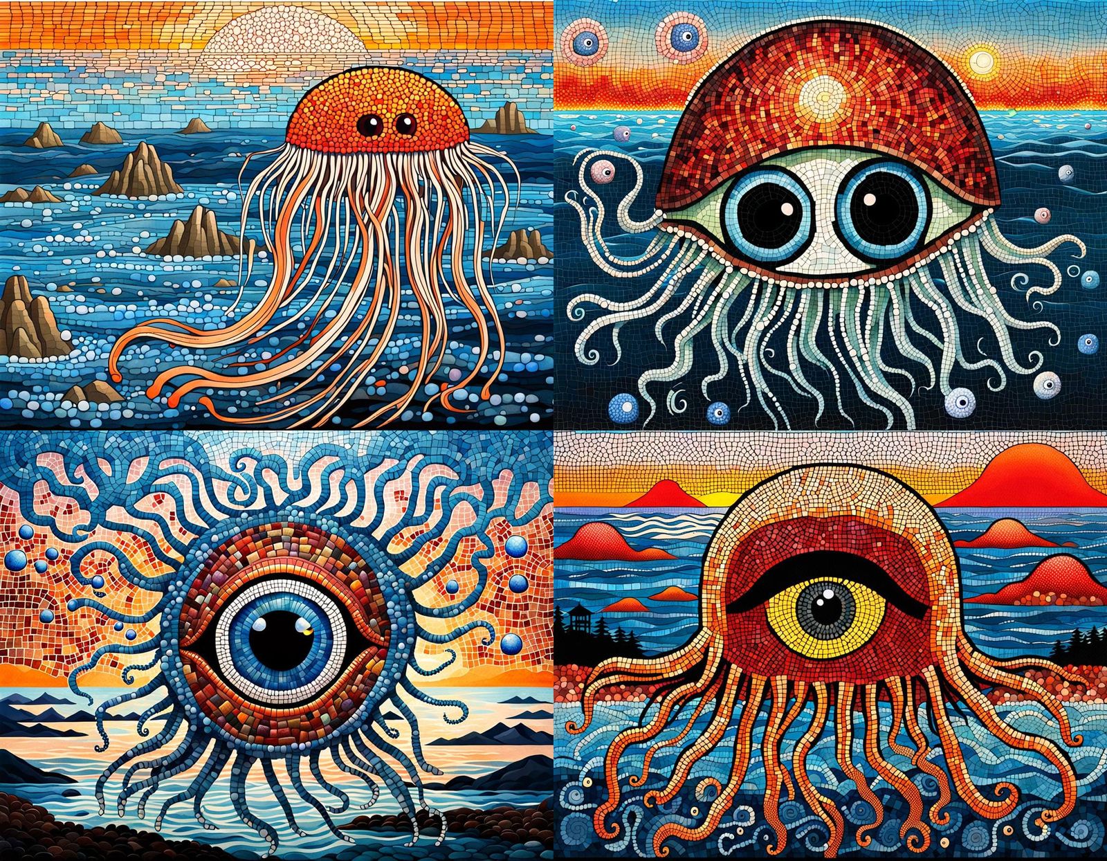 Surreal Eyeball Jellyfish Mosaic Art: Japanese Sunrise
