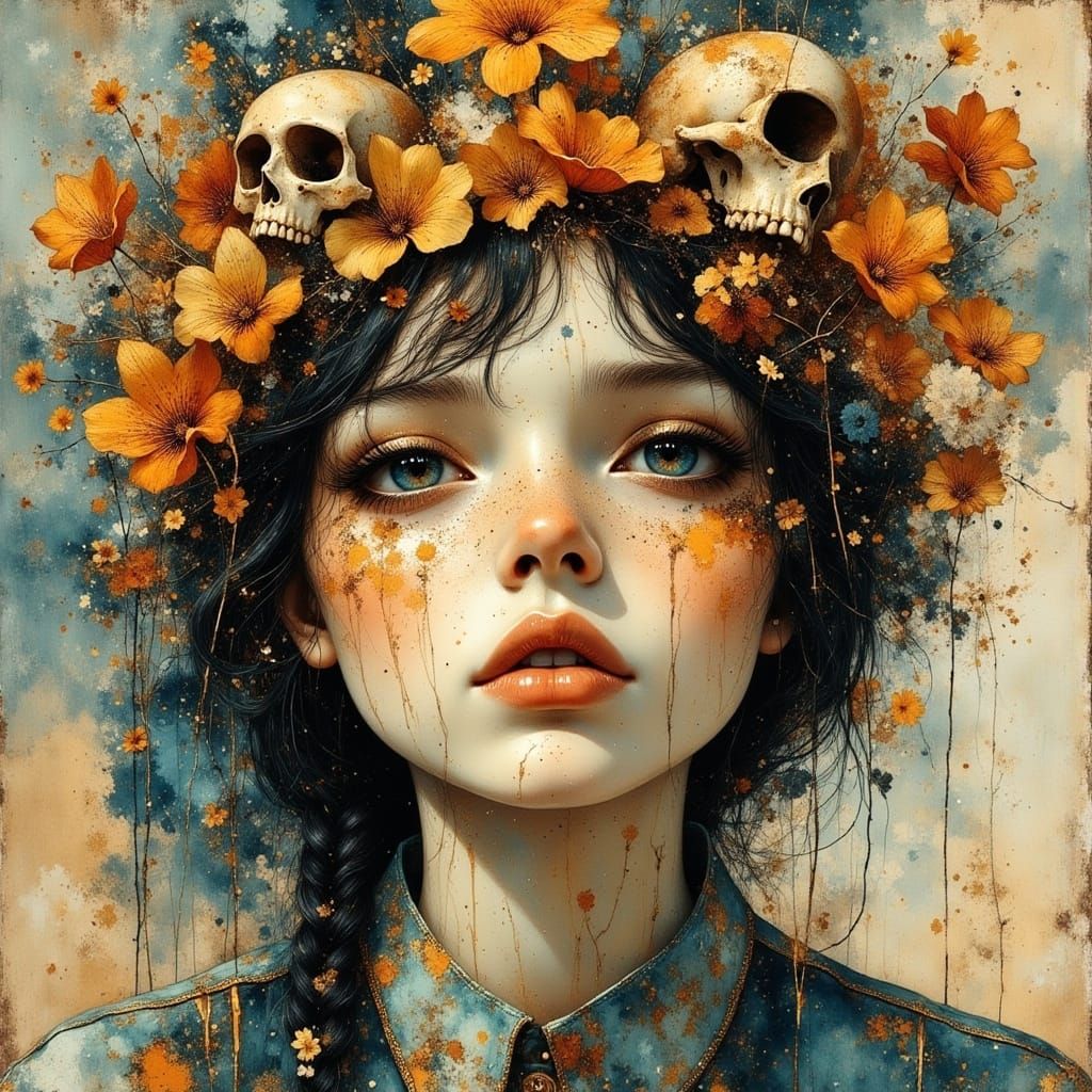 Dreamy Girl with Skulls and Flowers: Glitch Art