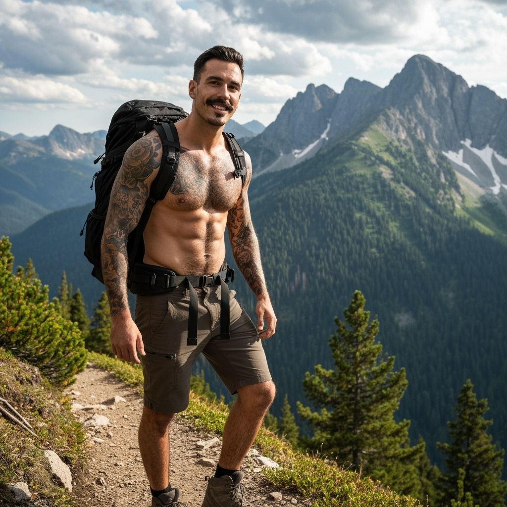 Athletic Hiker with Tattoos on Mountain Trail
