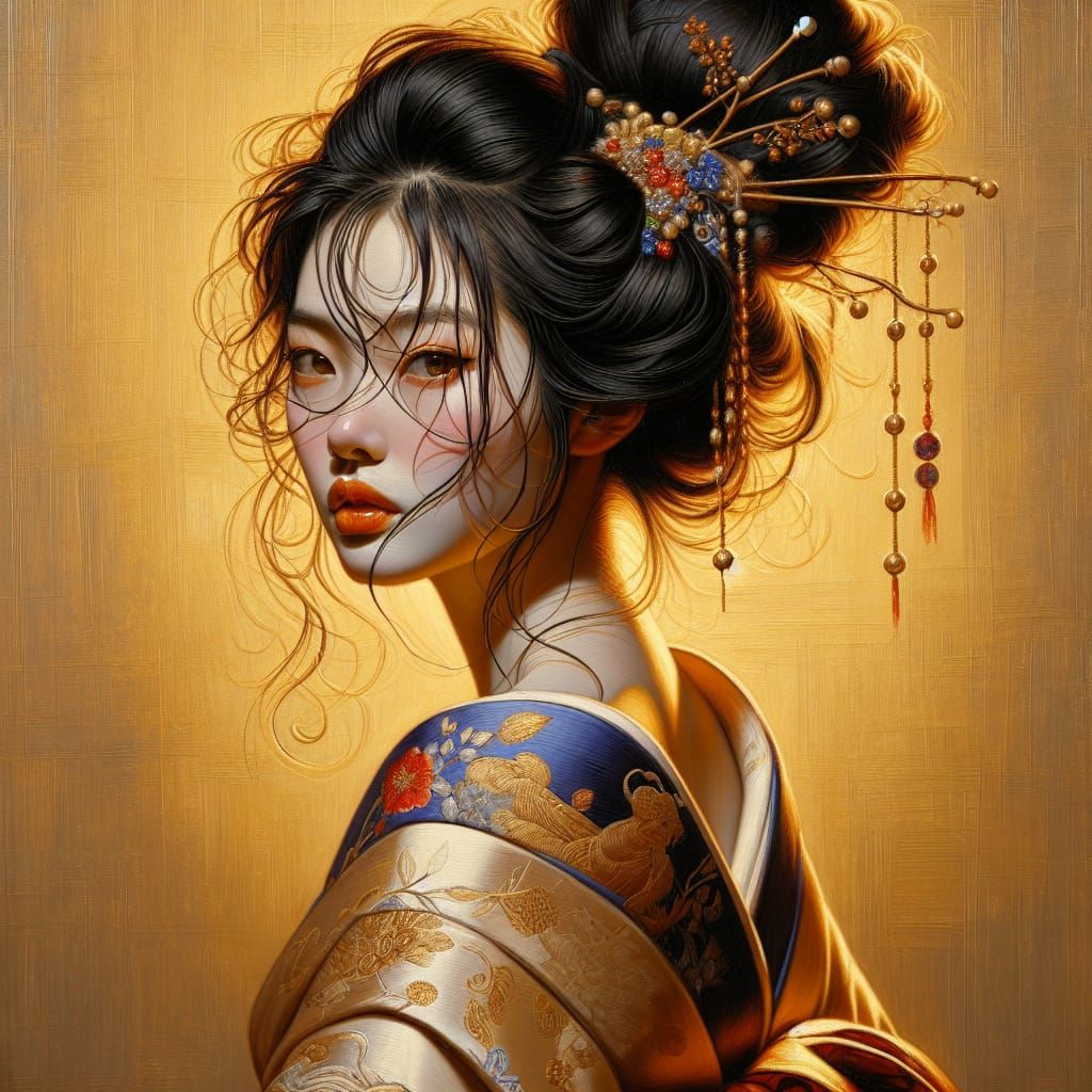 Elegant Geisha Portrait in Pre-Raphaelite Style