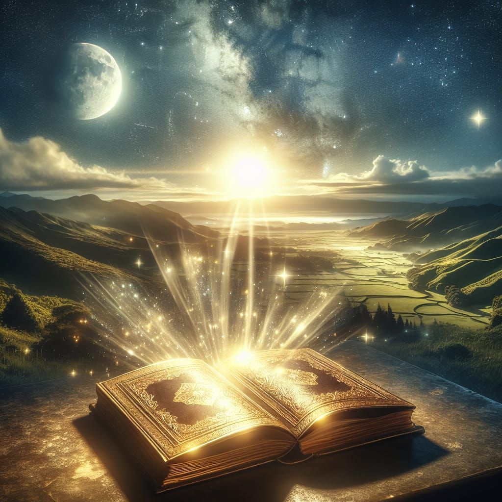 Golden Magic Book with Celestial Energy, Digital Art