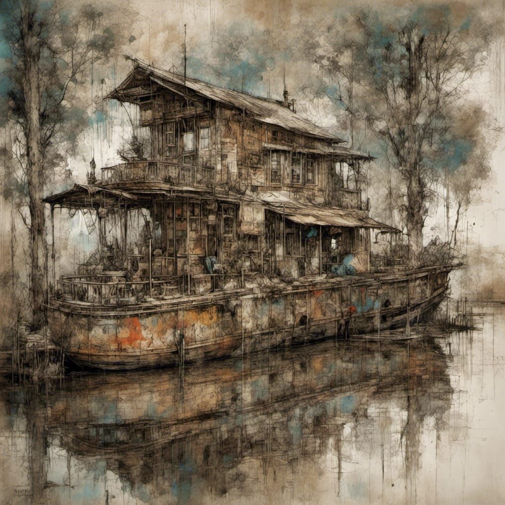 Idyllic Houseboat on Lake with Grunge and Woodsplash
