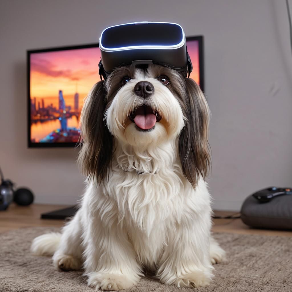Havanese Dog Immersed in VR Gaming: Digital Art