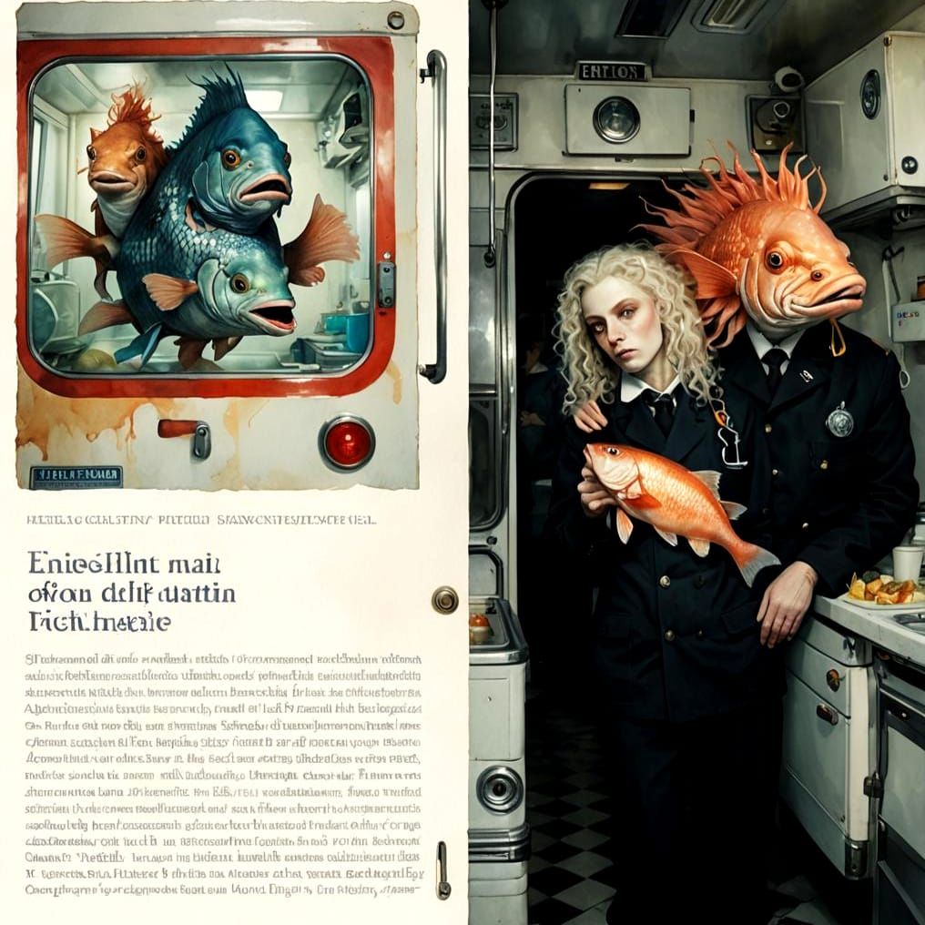 Surreal Scene of Human-Fish Hybrids in a Whimsical Kitchen A...