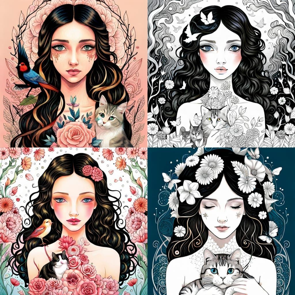 Girl with Animals: Fairytale Vector Line Art