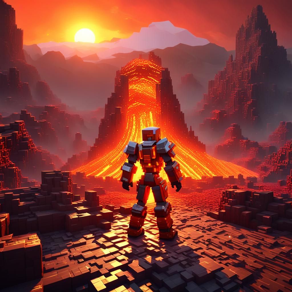 Heroic Minecraft Character in Lava Landscape