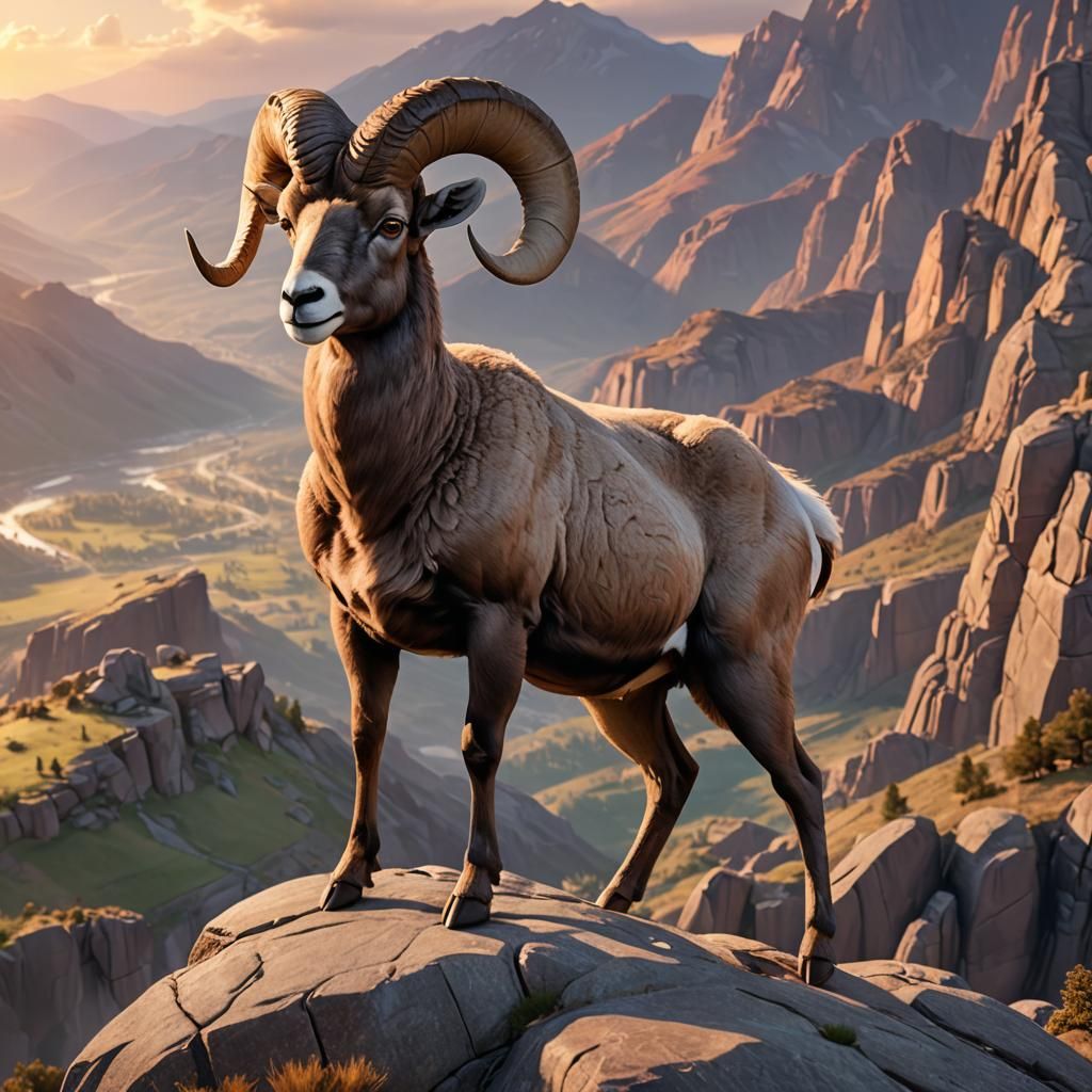beautiful Bighorn sheep standing on a high cliff looking out at the mountain views