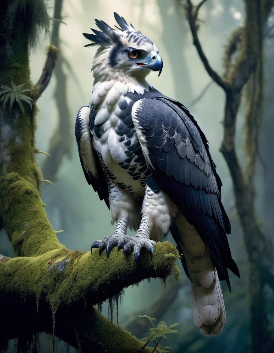 Harpy Eagle on Mossy Branch in Photorealistic Style