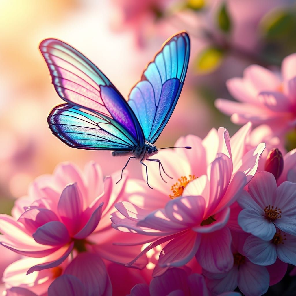 Resplendent Blue Morph Butterfly in Vibrant Floral Wonderlan...