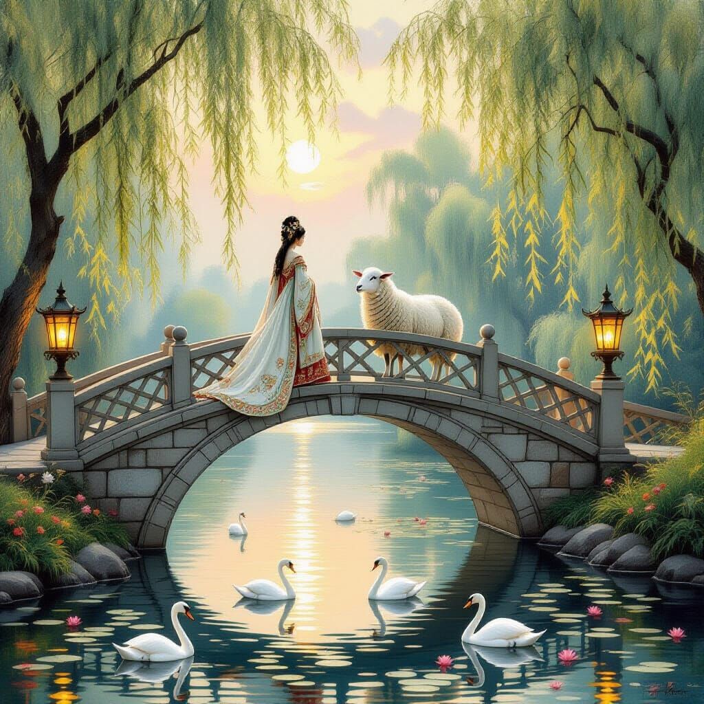 Empress and Sheep on Bridge with Swans and Willows