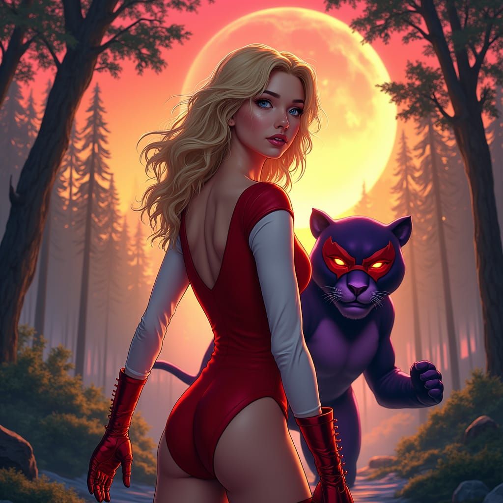 Woman and Panther in Forest, Dynamic Lighting