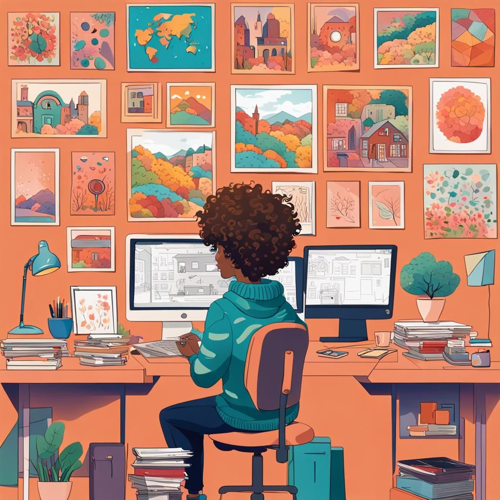 Inspiring Workspace with Colorful Art and Happy Person