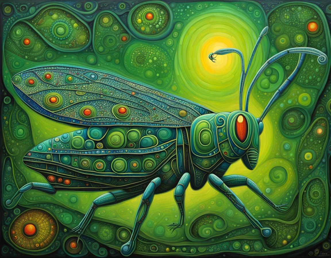 Mystic Green Grasshopper in Expressionist Oil Painting