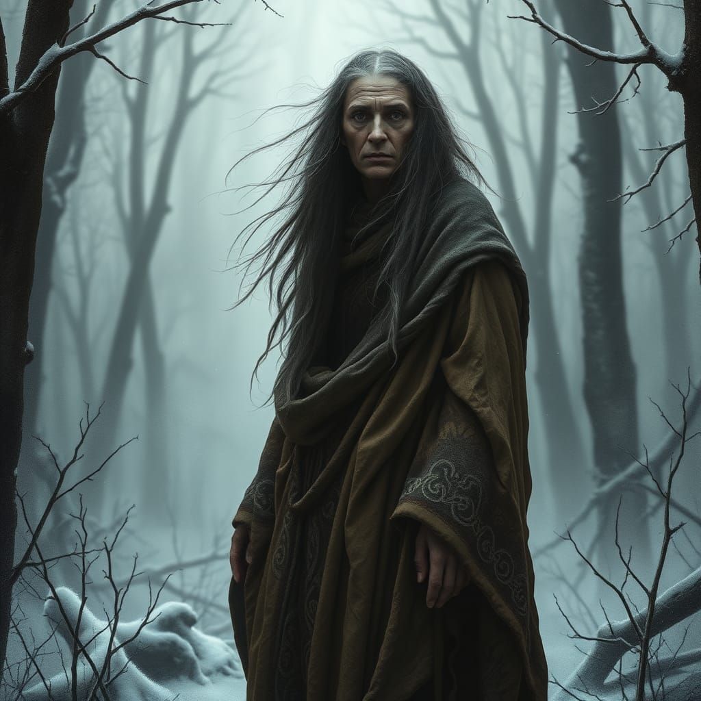 Celtic Winter Witch in Dark Surreal Landscape
