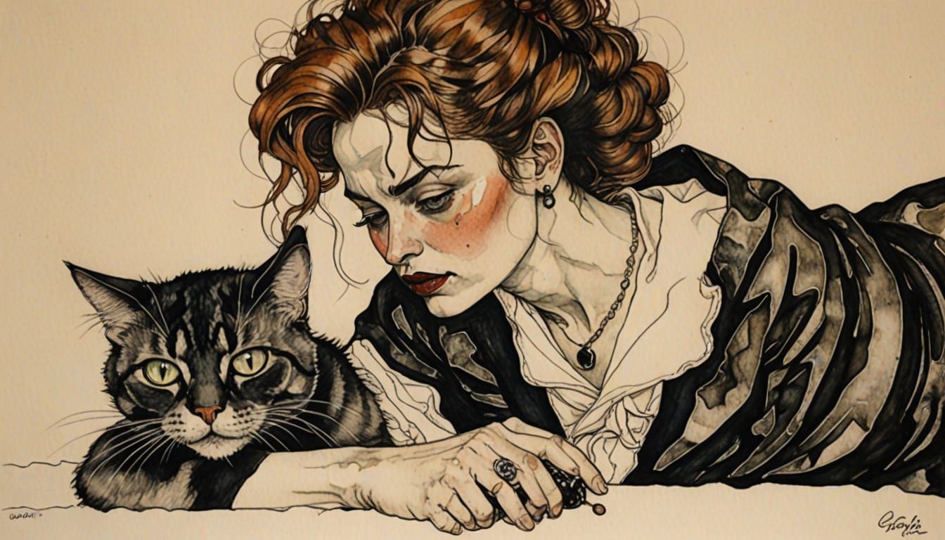 Woman with Cat Drawing in Expressionist Style