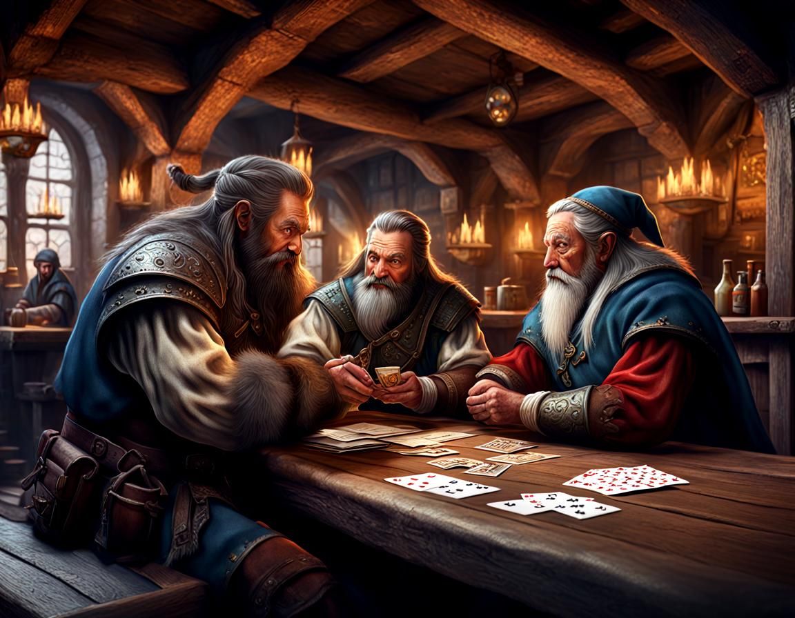Dwarf and Elf Gambling in Medieval Tavern