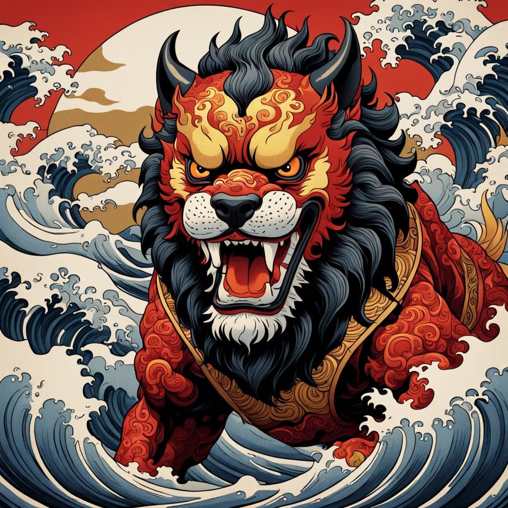 Energetic Foo Dog in Vibrant Ukiyo-E Style