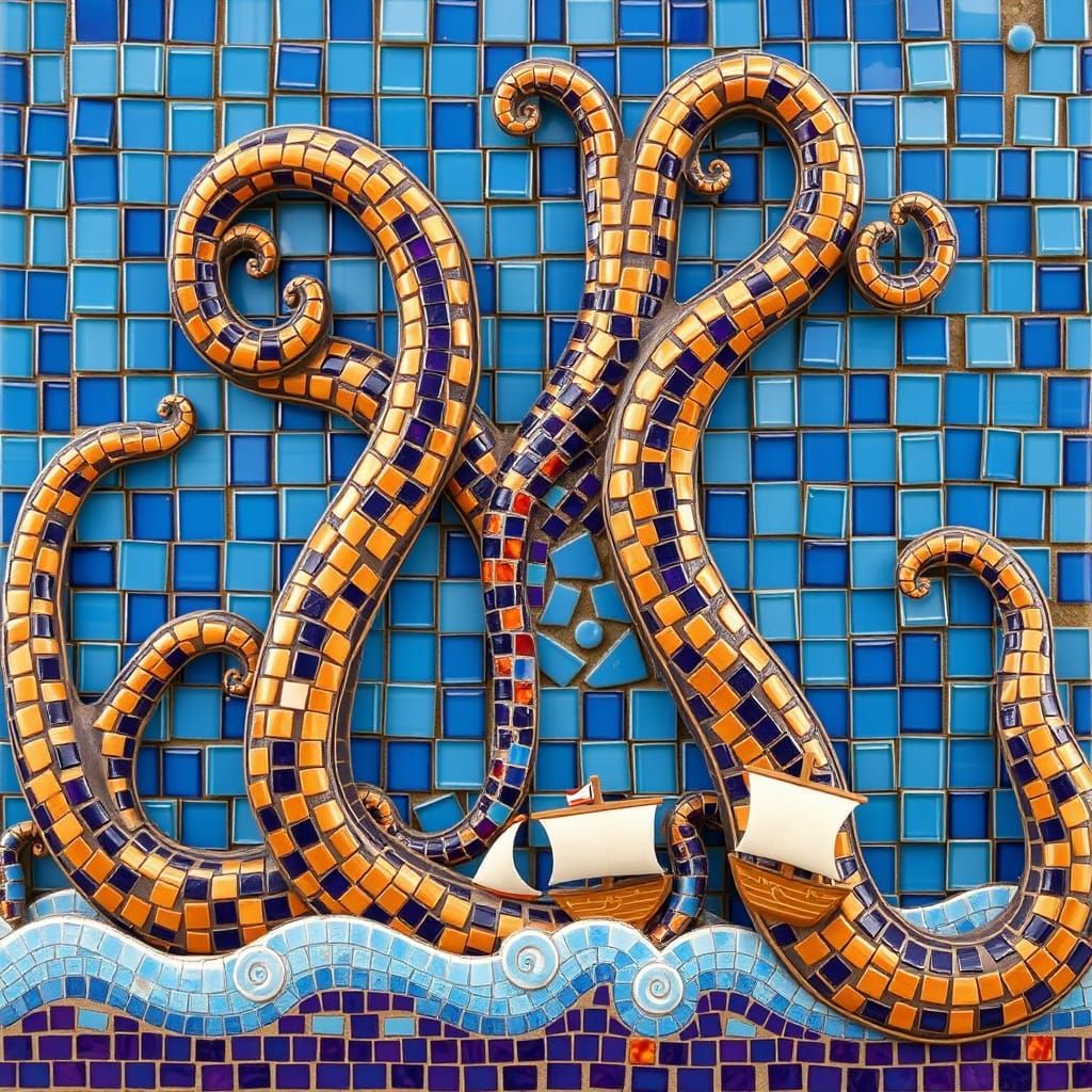 Glowing Mosaic Kraken Emerges from Oceanic Glass