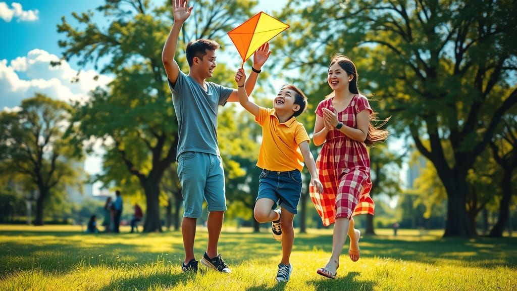 Asian Family Enjoying a Joyful Moment in a Vibrant Park