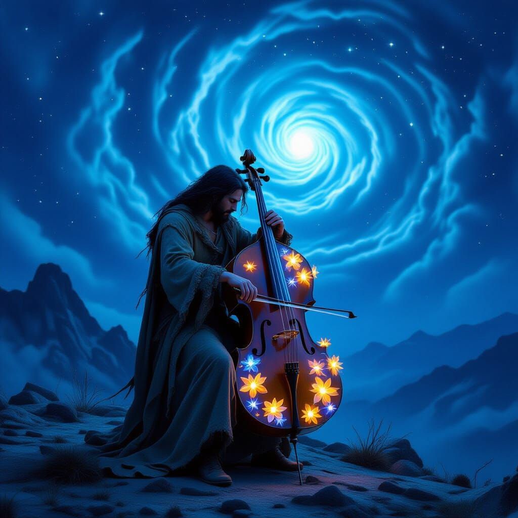 Musician Plays Cello on Windswept Mountaintop