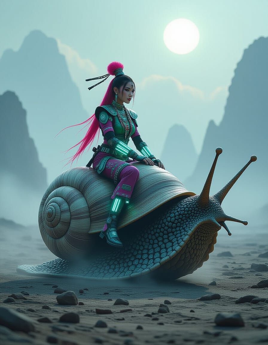 Hmong Cyborg Rides Bioluminescent Snail in Alien Landscape