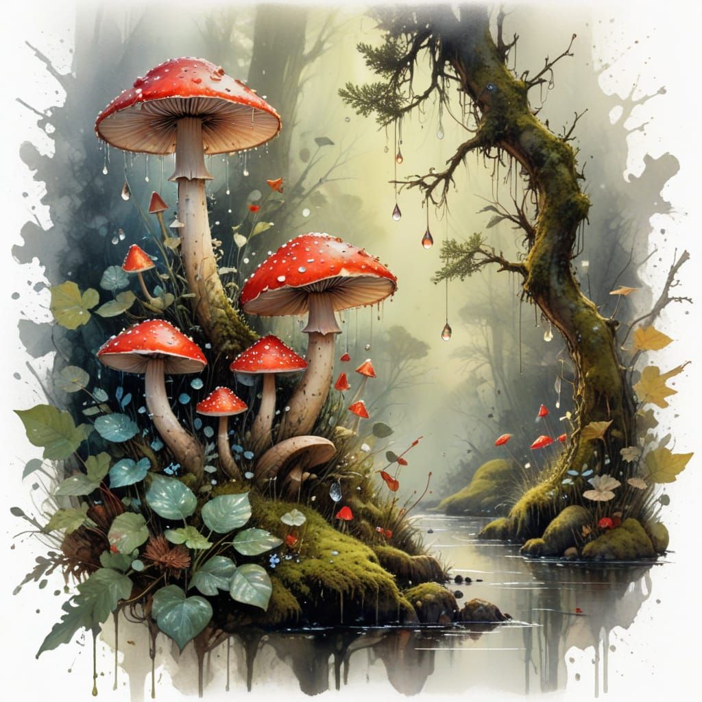Fairy Sheltering Under Toadstool in Rainy Woodland