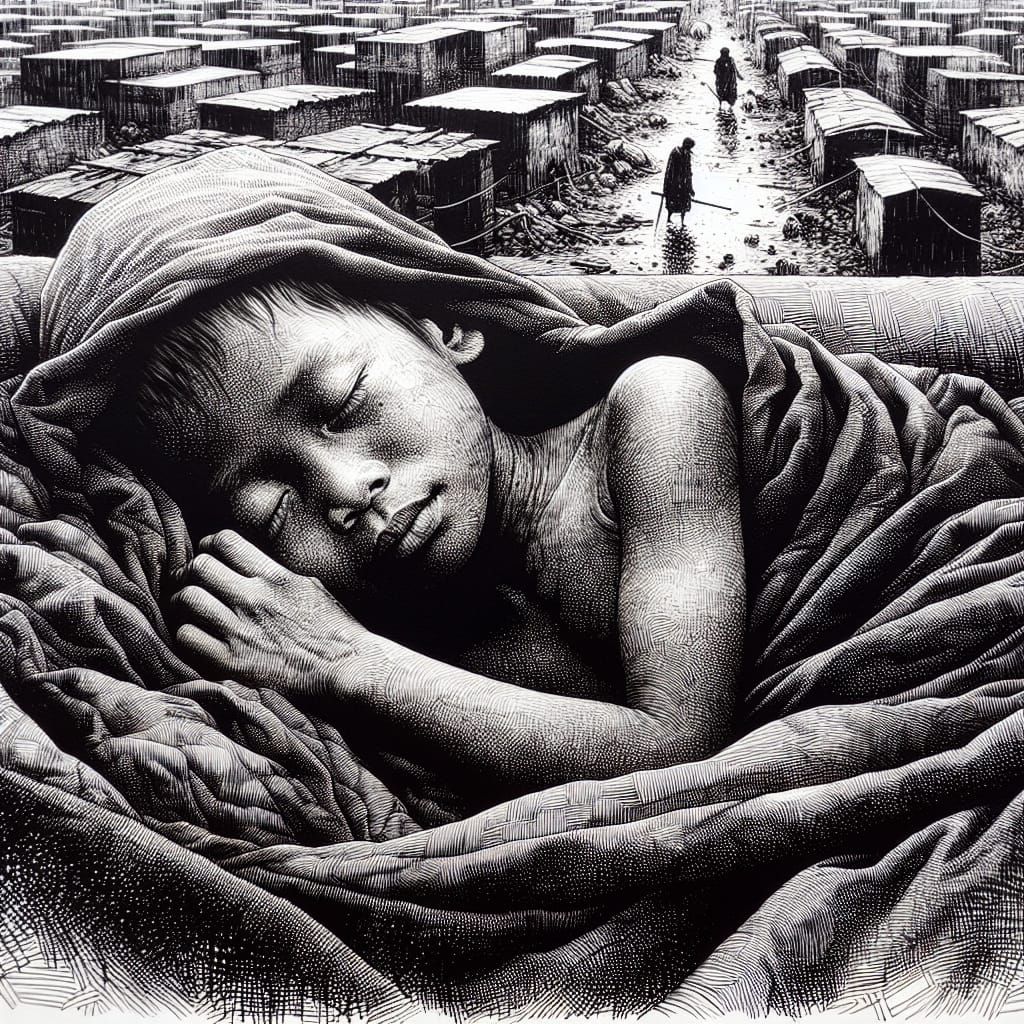 Homeless Boy in Tranquil Slumber: Detailed Ink Drawing
