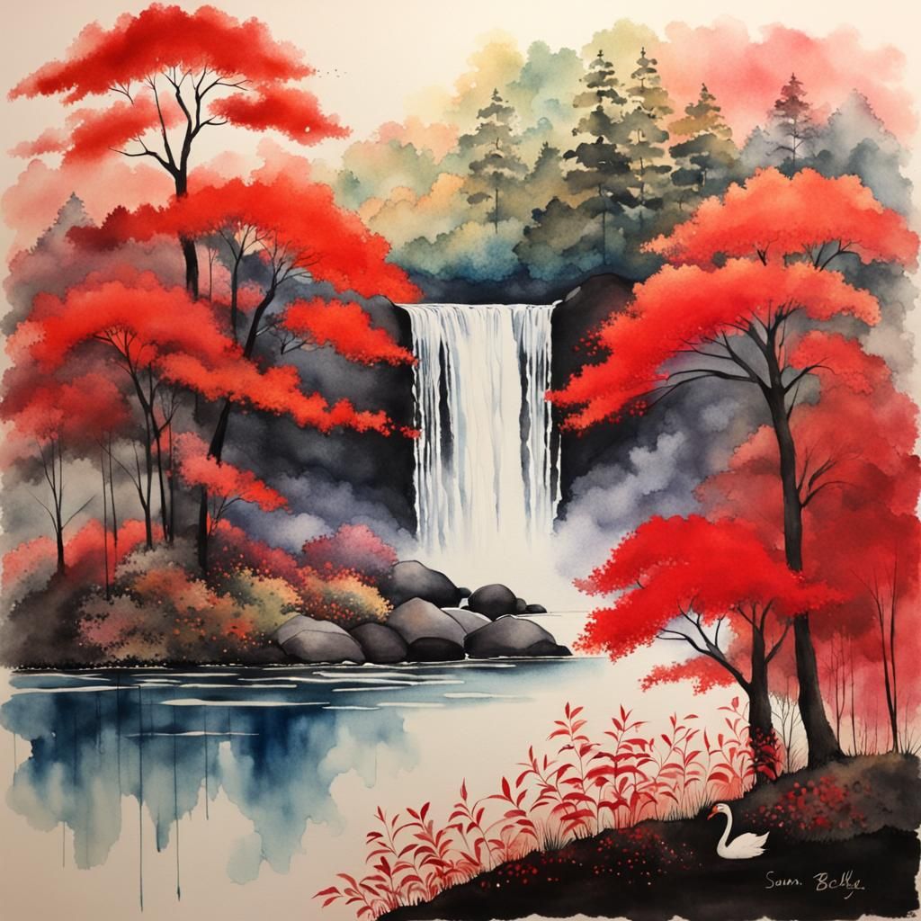 Dawn Waterfall with Red Foliage, Watercolor Style