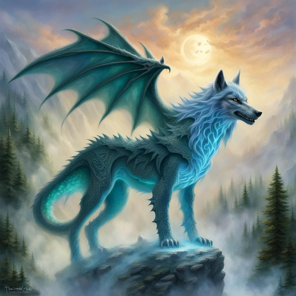 Ethereal Wolf-Dragon Hybrid in a Fantasy Style
