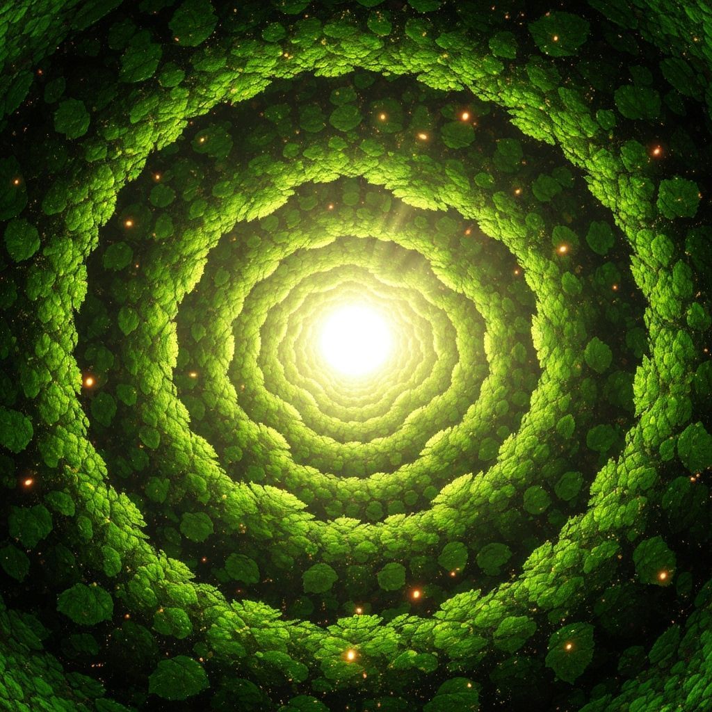 Majestic Fractal Leaves with Golden Sparks in Digital Painti...