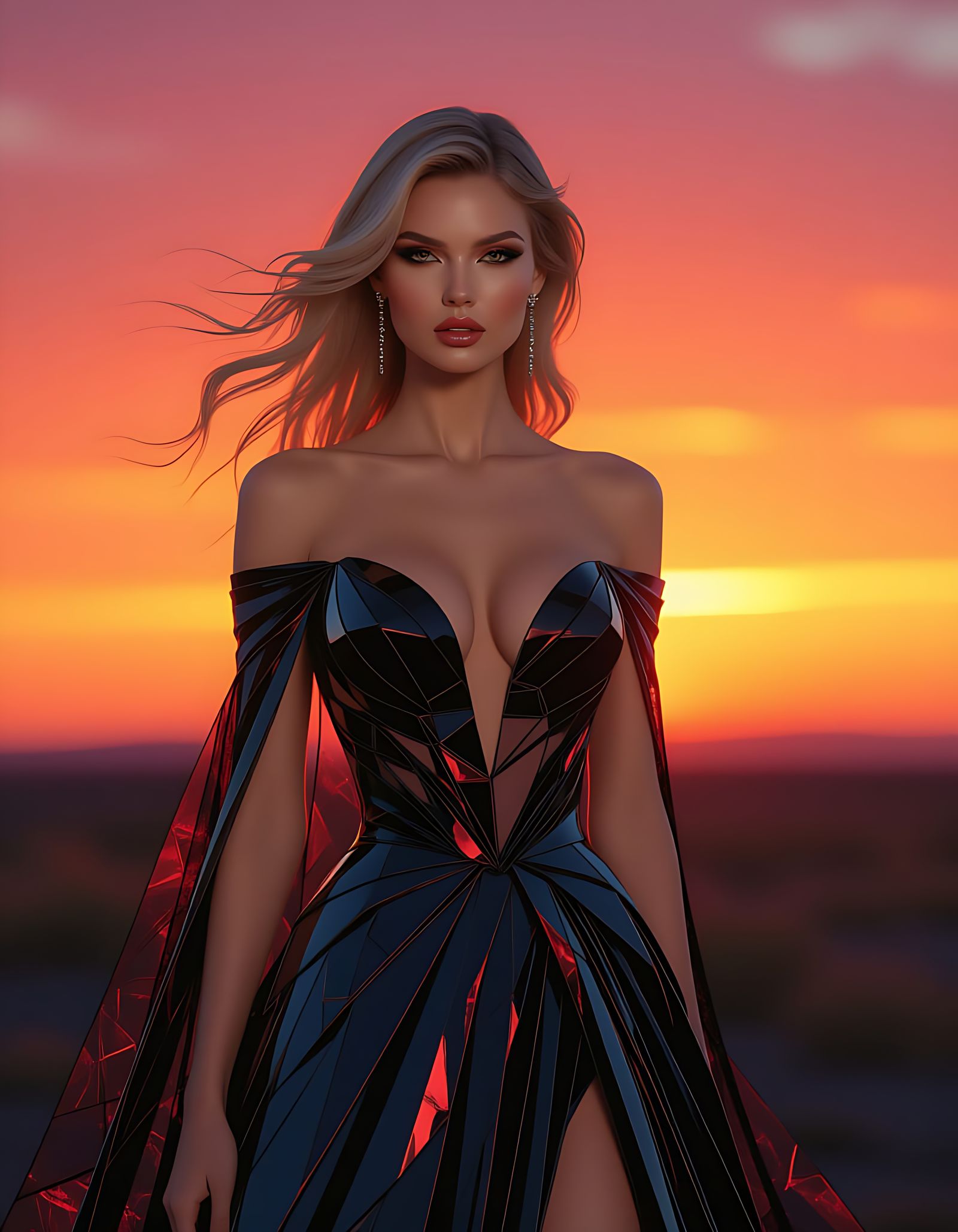 A statuesque woman with molten gold hair, wearing a shattere...