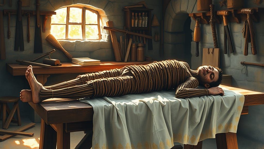 Wooden Figure in Medieval Workshop, Mixed Media Style