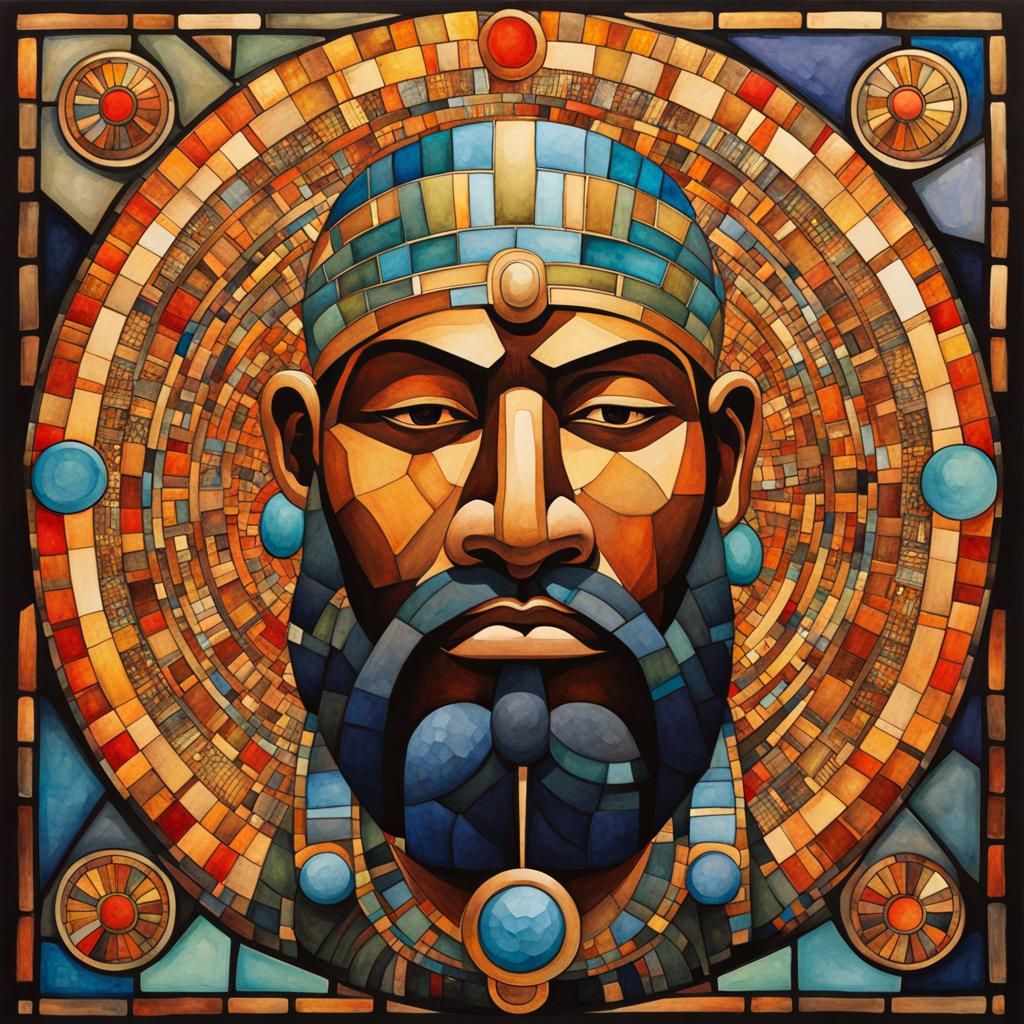 Olmec Pharaoh Portrait in Psychedelic Art Nouveau Style