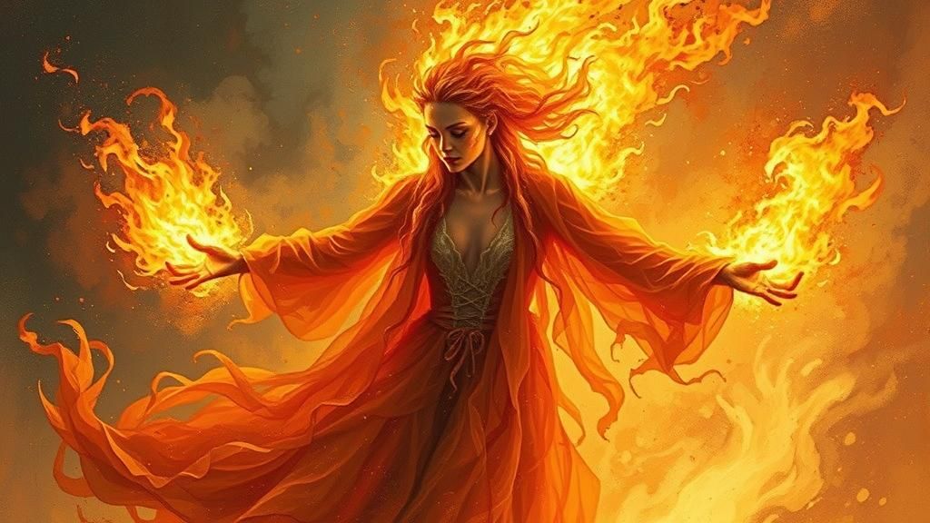 Ethereal Fire Mage Born from Phoenix Ashes as Impasto Painti...