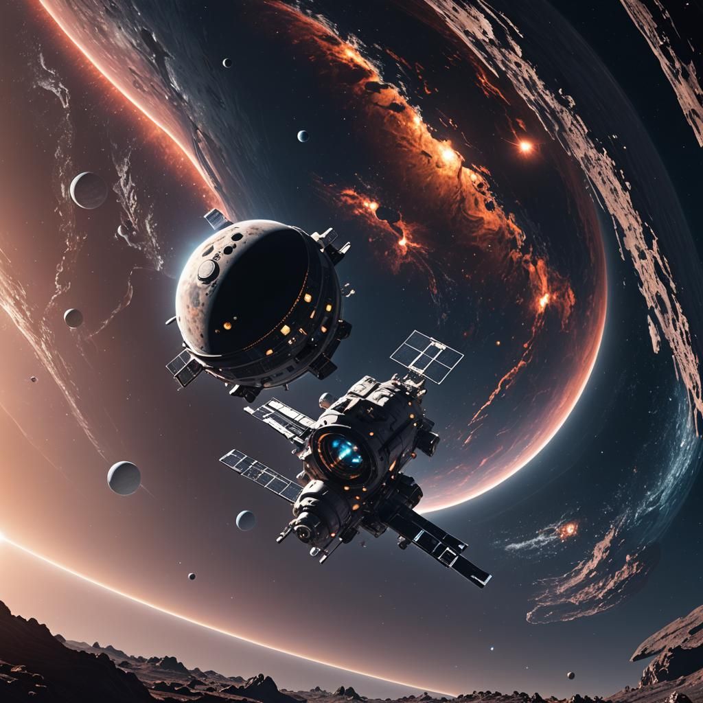 Space Station Orbiting Alien Moon in 3D Anime Art