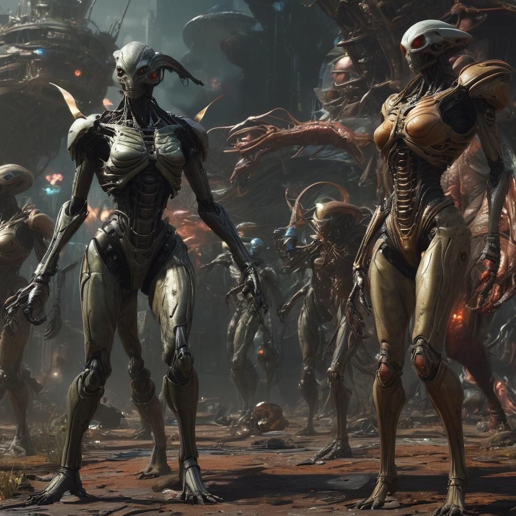 An epic battle between biopunk aliens, humans, humanoid women; in biopunk style, deep colors, fantastic and intricate de...