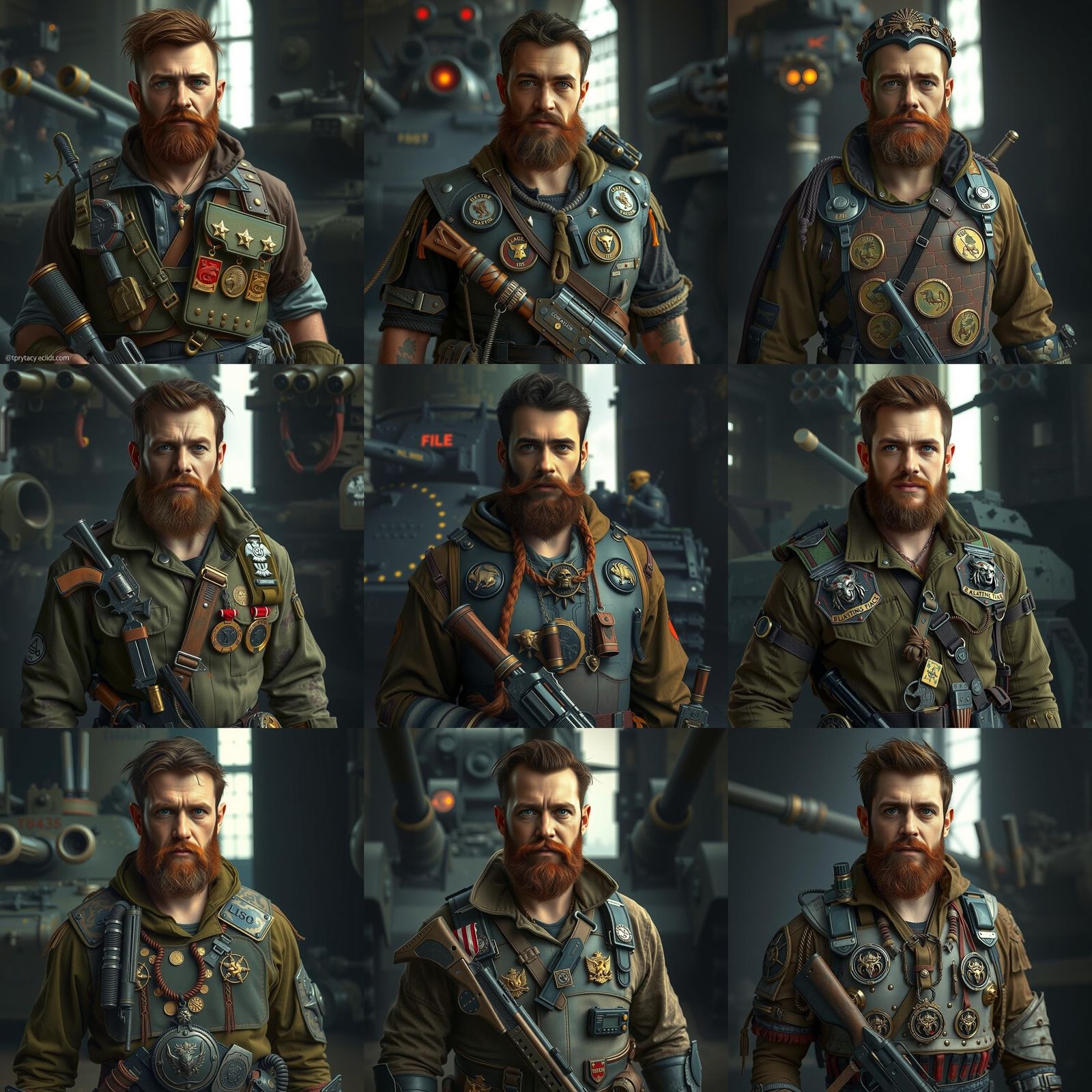 Futuristic Soldier with Red Beard and Battle Tank